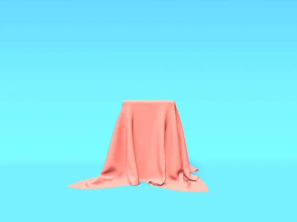 Podium, Podest oder Plattform mit rosa Tuch auf blauem Hintergrund. abstrakte Darstellung einfacher geometrischer Formen. 3D-Darstellung. — Stockfoto