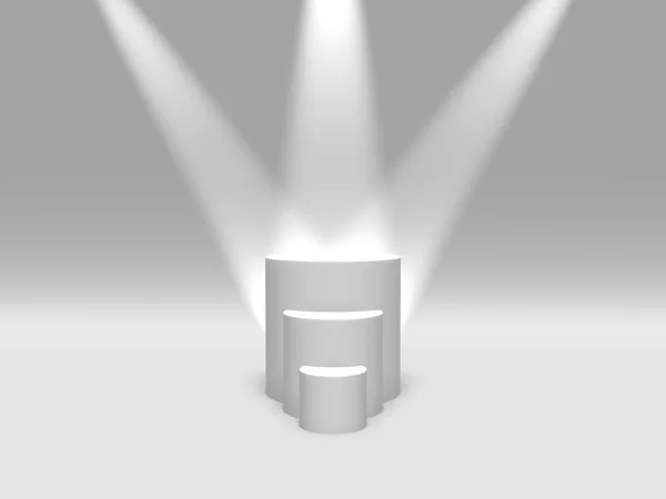 Podium, pedestal ou plataforma cor branca iluminada por holofotes sobre fundo branco. Ilustração abstrata de formas geométricas simples. Renderização 3D . — Fotografia de Stock