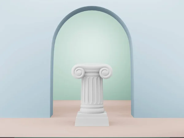 Colonna astratta del podio sullo sfondo blu con arco. Il piedistallo della vittoria è un concetto minimalista. Rendering 3D . — Foto Stock