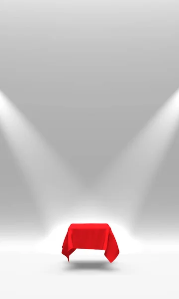被红色布覆盖的讲台、底座或平台,由白色背景上的聚光灯照亮。简单几何形状的抽象插图。3d 渲染. — 图库照片