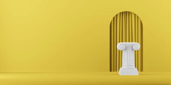Colonna astratta del podio sullo sfondo giallo con arco. Il piedistallo della vittoria è un concetto minimalista. Rendering 3D . — Foto Stock