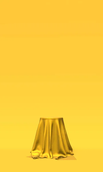Podio, piedistallo o piattaforma ricoperti di panno dorato su sfondo giallo. Illustrazione astratta di forme geometriche semplici. Rendering 3D . — Foto Stock