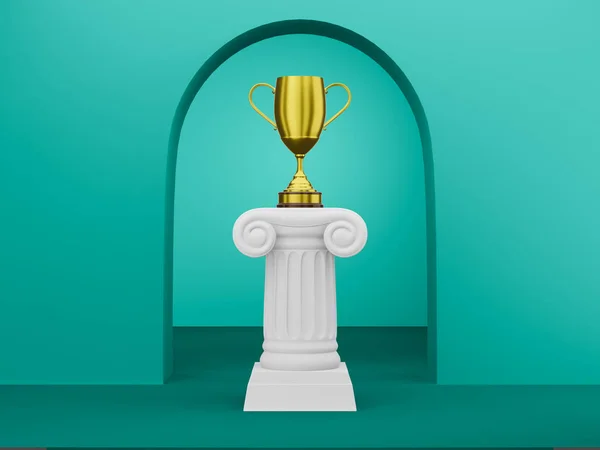 Columna de podio abstracta con un trofeo dorado sobre el fondo verde con arco. El pedestal de la victoria es un concepto minimalista. Renderizado 3D . —  Fotos de Stock