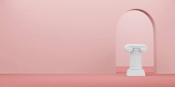 Coluna de pódio abstrata sobre o fundo rosa com arco. O pedestal da vitória é um conceito minimalista. Espaço livre para texto. Renderização 3D . — Fotografia de Stock