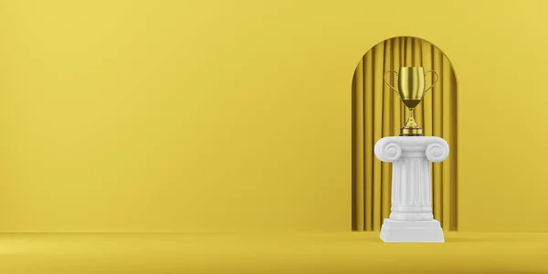 Coluna de pódio abstrato com um troféu dourado sobre o fundo amarelo com arco. O pedestal da vitória é um conceito minimalista. Renderização 3D . — Fotografia de Stock