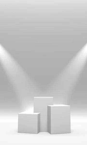 Podium, pedestal ou plataforma cor branca iluminada por holofotes sobre fundo branco. Ilustração abstrata de formas geométricas simples. Renderização 3D . — Fotografia de Stock