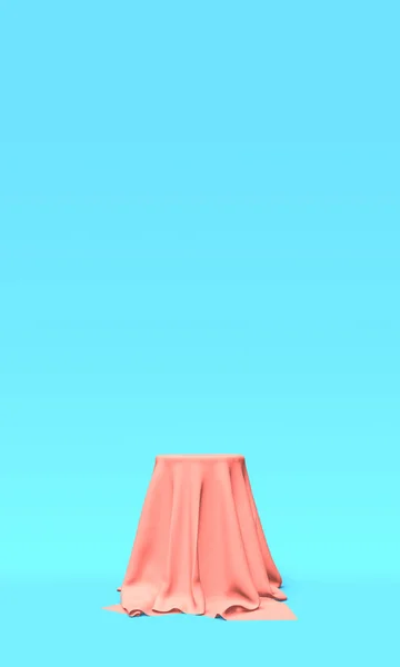 Podium, voetstuk of platform bedekt met roze doek op blauwe achtergrond. Abstracte illustratie van eenvoudige geometrische vormen. 3D-rendering. — Stockfoto