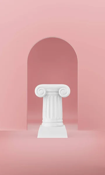Coluna de pódio abstrata sobre o fundo rosa com arco. O pedestal da vitória é um conceito minimalista. Renderização 3D . — Fotografia de Stock