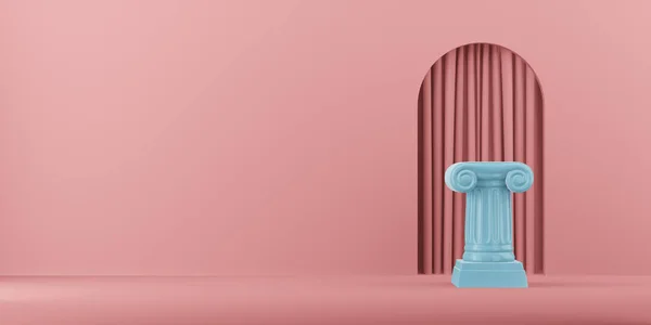 Coluna azul pódio abstrato sobre o fundo rosa com arco. O pedestal da vitória é um conceito minimalista. Renderização 3D . — Fotografia de Stock