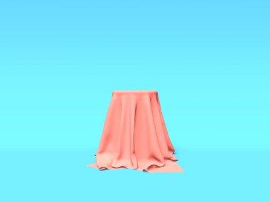 Podyum, Kaide veya mavi arka planda pembe bez ile kaplı platform. Basit geometrik şekiller soyut Illustration. 3B işleme.