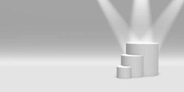 Podyum, Kaide veya platform beyaz renk beyaz arka planda Spotlar tarafından aydınlatılmış. Basit geometrik şekiller soyut Illustration. 3B işleme.