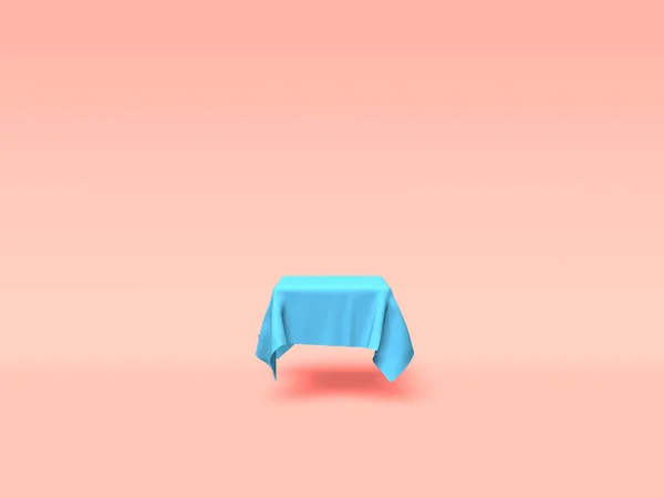 Podium, cokot lub platforma pokryta niebieską szmatką na różowym tle. Abstrakcyjna ilustracja prostych kształtów geometrycznych. Renderowanie 3D. — Zdjęcie stockowe
