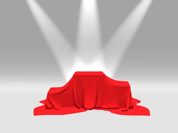 Podium, piédestal ou plate-forme recouvert d'un tissu rouge éclairé par des projecteurs sur fond blanc. Illustration abstraite de formes géométriques simples. rendu 3D . — Photo