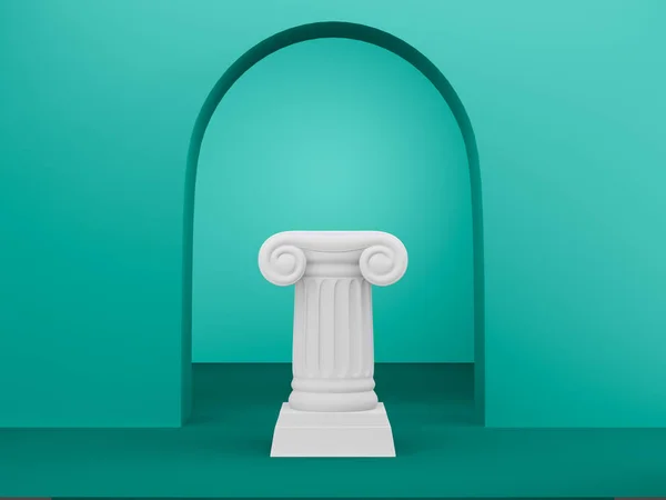 Анотація подіумної колонки на зеленому тлі з аркою. П'єдестал перемоги це мінімалістична концепція. 3D візуалізація . — стокове фото