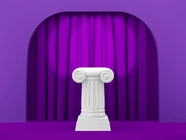紫红色背景拱门上的抽象讲台柱与紫红色咖喱。胜利基座是一个极简主义的概念。3d 渲染. — 图库照片