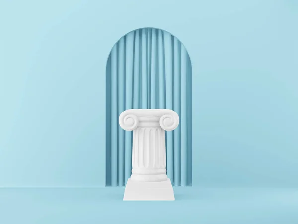 Coluna de pódio abstrata sobre o fundo azul com arco. O pedestal da vitória é um conceito minimalista. Renderização 3D . — Fotografia de Stock