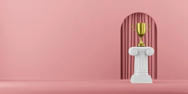 Coluna de pódio abstrato com um troféu dourado sobre o fundo rosa com arco. O pedestal da vitória é um conceito minimalista. Renderização 3D . — Fotografia de Stock