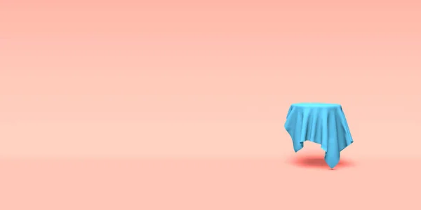 Podium, cokot lub platforma pokryta niebieską szmatką na różowym tle. Abstrakcyjna ilustracja prostych kształtów geometrycznych. Renderowanie 3D. — Zdjęcie stockowe