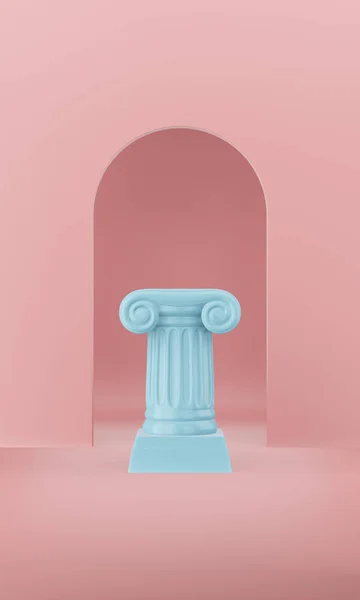 Coluna azul pódio abstrato sobre o fundo rosa com arco. O pedestal da vitória é um conceito minimalista. Renderização 3D . — Fotografia de Stock