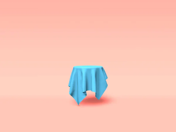Podio, piedistallo o piattaforma ricoperti di stoffa blu su sfondo rosa. Illustrazione astratta di forme geometriche semplici. Rendering 3D . — Foto Stock