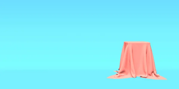 Podium, cokot lub platforma pokryta różową szmatką na niebieskim tle. Abstrakcyjna ilustracja prostych kształtów geometrycznych. Renderowanie 3D. — Zdjęcie stockowe