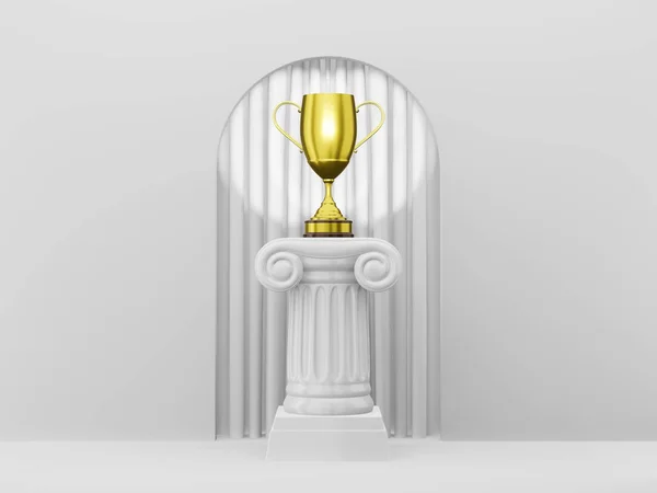 Columna de podio abstracta con un trofeo dorado en el arco de fondo blanco con curtiana blanca. El pedestal de la victoria es un concepto minimalista. Renderizado 3D . —  Fotos de Stock