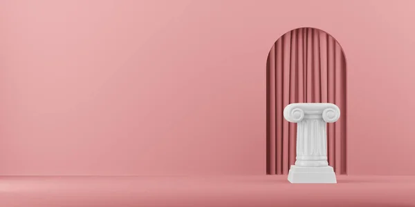 Coluna de pódio abstrata sobre o fundo rosa com arco. O pedestal da vitória é um conceito minimalista. Renderização 3D . — Fotografia de Stock