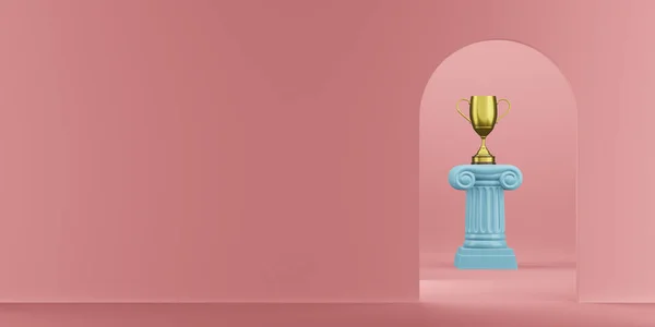 Абстрактна подіумна синя колона з золотим трофеєм на рожевому тлі з аркою. П'єдестал перемоги це мінімалістична концепція. 3D візуалізація . — стокове фото