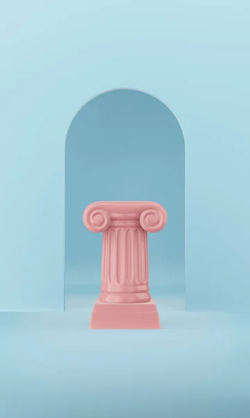 Abstract podium roze kolom op de blauwe achtergrond met boog. Het Victory Pedestal is een minimalistisch concept. 3D-rendering. — Stockfoto