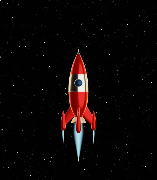 Toy space rocket red and white colors flies on a background of the starry sky. Sci-fi illustration. 3d rendering. — Stock Photo, Image