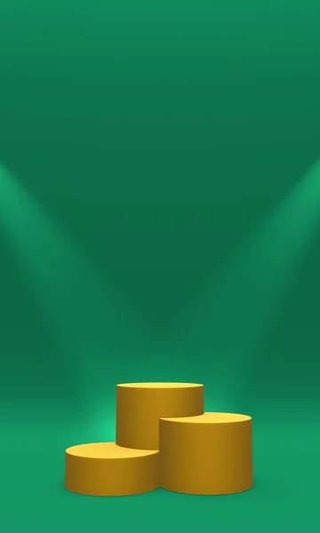 Podium, pedestal ou plataforma cor dourada iluminada por holofotes sobre fundo verde. Ilustração abstrata de formas geométricas simples. Renderização 3D . — Fotografia de Stock