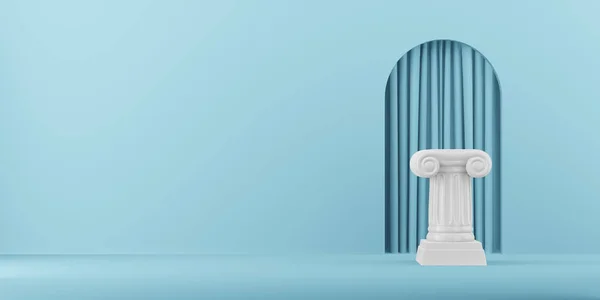 Colonna astratta del podio sullo sfondo blu con arco. Il piedistallo della vittoria è un concetto minimalista. Rendering 3D . — Foto Stock