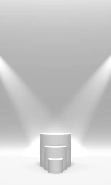 Podium, pedestal ou plataforma cor branca iluminada por holofotes sobre fundo branco. Ilustração abstrata de formas geométricas simples. Renderização 3D . — Fotografia de Stock