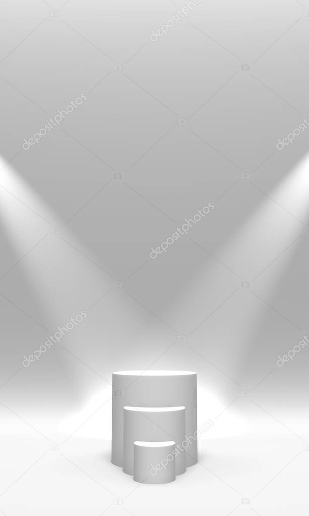 Podium, pedestal or platform white color illuminated by spotlights on white background. Abstract illustration of simple geometric shapes. 3D rendering.