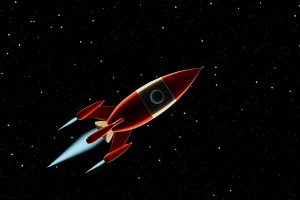 Oyuncak Uzay roket kırmızı ve beyaz renkler yıldızlı gökyüzü bir arka planda uçar. Sci-Fi illüstrasyon. 3B işleme. — Stok fotoğraf