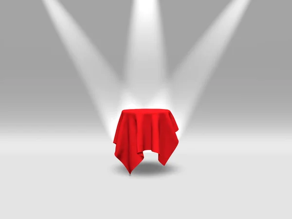 Podium, voetstuk of platform bedekt met rode doek verlicht door schijnwerpers op witte achtergrond. Abstracte illustratie van eenvoudige geometrische vormen. 3D-rendering. — Stockfoto