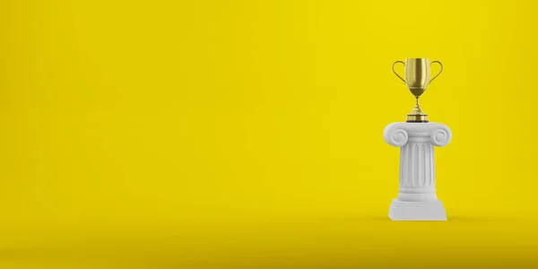 Coluna de pódio abstrato com um troféu dourado no fundo amarelo. O pedestal da vitória é um conceito minimalista. Espaço livre para texto. Renderização 3D . — Fotografia de Stock