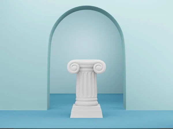 Coluna de pódio abstrata sobre o fundo azul com arco. O pedestal da vitória é um conceito minimalista. Renderização 3D . — Fotografia de Stock