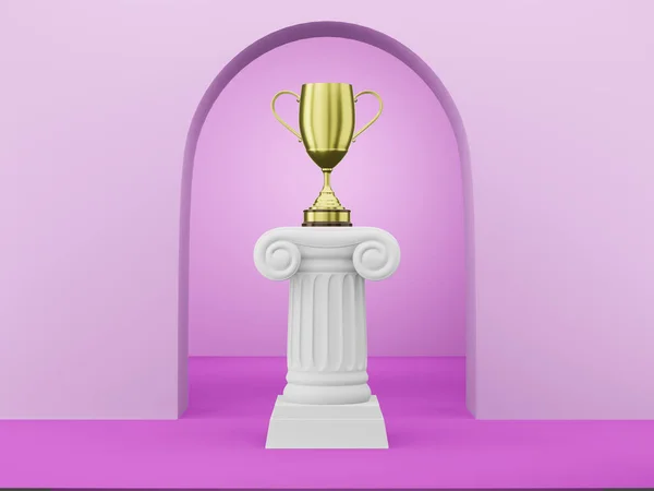 Colonna astratta sul podio con trofeo d'oro sullo sfondo fucsia con arco. Il piedistallo della vittoria è un concetto minimalista. Rendering 3D . — Foto Stock