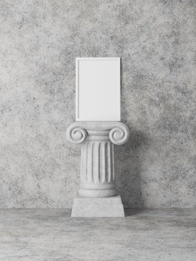 Beton bir duvarın arka planda antika bir sütunun üstüne beyaz dikey resim çerçevesi. Grunge iç. 3B işleme.