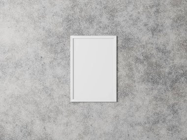 Beton bir duvarın arka planında beyaz dikey resim çerçevesi. Grunge iç. 3B işleme.