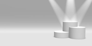 Podyum, Kaide veya platform beyaz renk beyaz arka planda Spotlar tarafından aydınlatılmış. Basit geometrik şekiller soyut Illustration. 3B işleme.