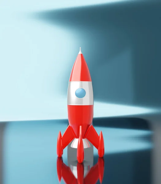 Juguete espacial cohete rojo y blanco colores sobre un fondo metálico blanco azul. Ilustración de ciencia ficción. renderizado 3d . — Foto de Stock