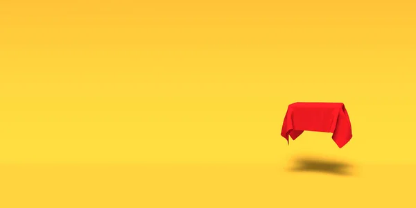 Подиум, пьедестал или платформа покрыты красной тканью на желтом фоне. Абстрактная иллюстрация простых геометрических фигур. 3D рендеринг . — стоковое фото