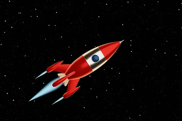 Toy space rocket red and white colors flies on a background of the starry sky. Sci-fi illustration. 3d rendering. — Stock Photo, Image