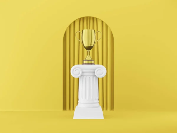 Abstrakte Podiumssäule mit goldener Trophäe auf gelbem Hintergrund mit Bogen. Der Siegerpodest ist ein minimalistisches Konzept. 3D-Darstellung. — Stockfoto