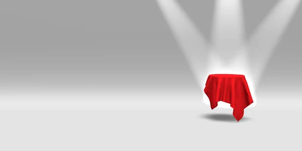 Podium, voetstuk of platform bedekt met rode doek verlicht door schijnwerpers op witte achtergrond. Abstracte illustratie van eenvoudige geometrische vormen. 3D-rendering. — Stockfoto