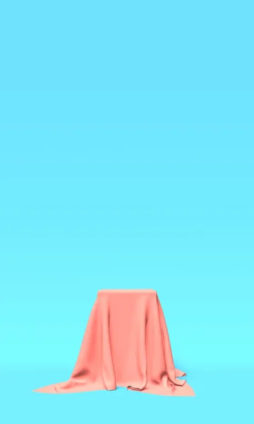 Podium, voetstuk of platform bedekt met roze doek op blauwe achtergrond. Abstracte illustratie van eenvoudige geometrische vormen. 3D-rendering. — Stockfoto