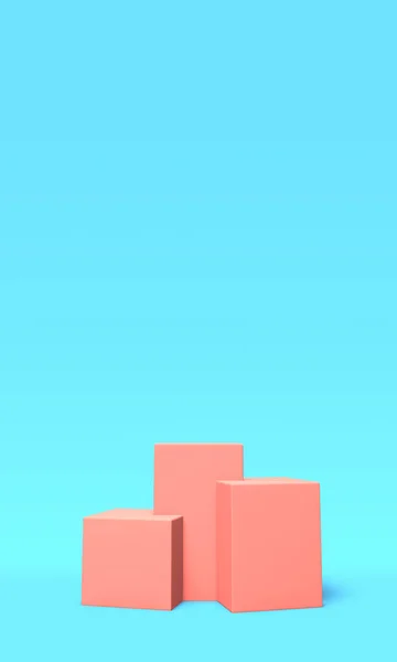 Podio, pedestal o plataforma de color rosa sobre fondo azul. Ilustración abstracta de formas geométricas simples. Renderizado 3D . — Foto de Stock