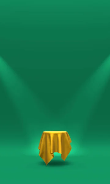 Podium, piedestal eller plattform täckt med guld trasa upplyst av strålkastare på grön bakgrund. Abstrakt illustration av enkla geometriska former. 3D-rendering. — Stockfoto